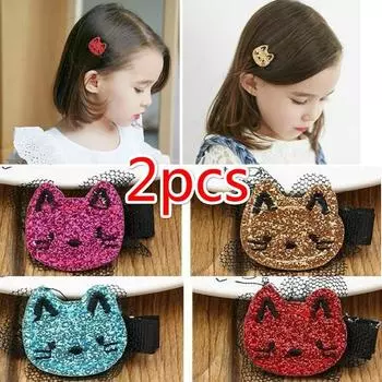 New 2Pcs Cute Cat Cartoon Fruits Hair Clips Snaps Hairpin Girls Baby Kids Hair Bow Accessories Random Co