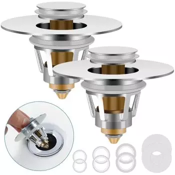 New 2Pcs Sink Plug Universal Bathroom Sink Plug with Strainer Pop Up Sink Hole Plug Cover Copper Push Sink Plug for 27.5 to 58mm Silver