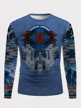 New 3d Ethnic Style Graphic Long Sleeve Tshirts For Men Spring 2024 Vintage Casual Crew Neck Tshirt Good Match Pullover Tops S