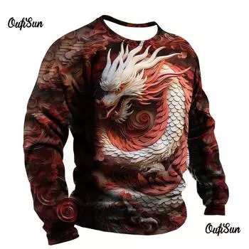 New 3d Men s Dragon Print T-Shirt Long Sleeve Man Oversized Tee Tops Casual O-Neck Pullover Animal Pattern Male Tshirt Clothes 2XL