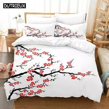 New 3D Plum Blossom Sakura Bedding Sets Duvet Cover With Pillowcase Children Twin Full Queen King Bedclothes EU single(135x200cm)