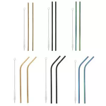 NEW 3pcs Reusable Drinking Straws Cleaner Brush Set Stainless Steel Metal Straw 2