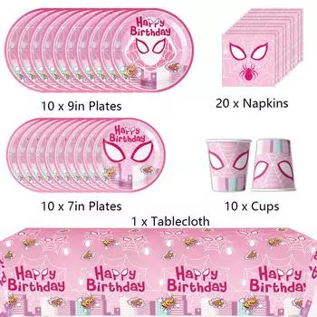 New 51PCS Pink Spider Party Supplies Include Plates, Cups, Napkins, a Tablecloth