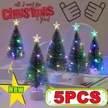 New 5-1PC Mini Christmas Trees with Colorful LED Light Decor Tabletop Crafting DIY Christmas Gift Green Trees Winter Ornaments 8X17cm