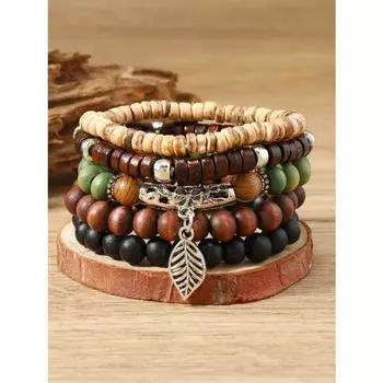 New 5-piece set of personalized fashion beaded wood bead leaf necklace new разноцветный