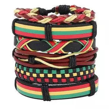 New 6-piece set TEMU hot-selling punk style red, green and yellow hand-woven leather bracelet men s bracelet разноцветный