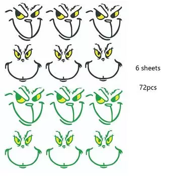 New 72PCS New Christmas Grinch Stickers Face Stickers for Christmas Party Supplies