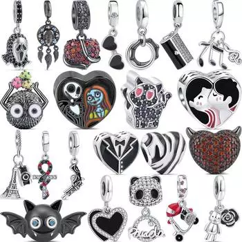 Новые 925 серебро, черный стиль очки с черепом Примечание башня змея крест бусины подходят оригинальные подвески браслет женские ювелирные изделия