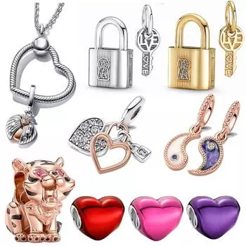 New 925 Sterling Silver Gold Padlock & Key Dangle Charm Fit Original Silver Bracelet Beads for Women Fine Jewelry Gift