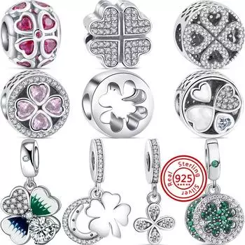 Новый кулон из стерлингового серебра 925 пробы с зеленым розовым четырехлистным клевером, паве, блестящие самодельные бусины, подходят для оригинальных браслетов-подвесок, ювелирных изделий