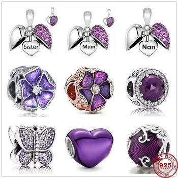 New 925 Sterling Silver Purple Sister Mum Nan Dangle Butterfly Love Beads Fit Original Bracelet Charms Jewelry Genuine