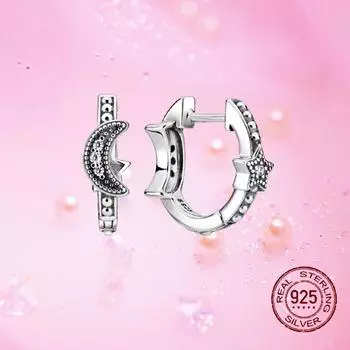 Новые серьги-кольца из стерлингового серебра 925 пробы с блестками в виде полумесяца и звезд, женские ювелирные изделия, подарок для женщин, роскошь