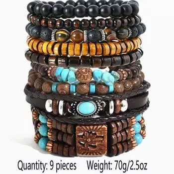 New 9-piece set of coconut shell wood beads beaded elastic line men s bracelet bracelet bracelet разноцветный