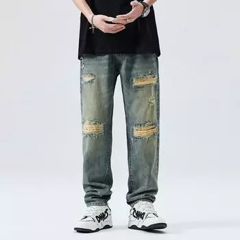 New American Retro Blue Loose Casual Versatile Jeans Ripped Trousers 28