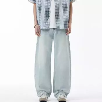 New American Retro Washing Light Blue Scimitar Jeans Men s Loose Wide-leg Pants S синий