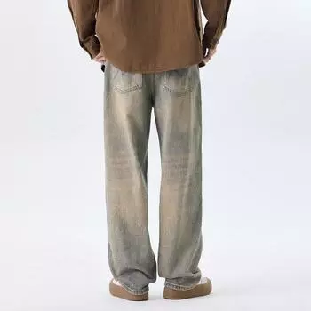 New American Style Personalized Yellow Mud Dye Nostalgic High Street Straight Versatile Loose Floor Jeans S