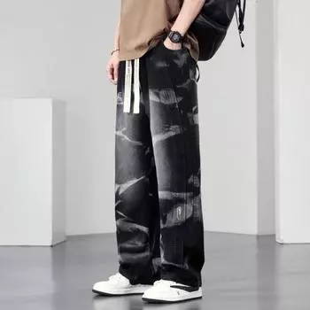 New American Tie-dyed Scimitar Pants Jeans Straight Large Size Men M чёрный