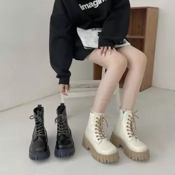 New Ankle Boot Women Single High Heel Boots Round Head New Lace Up Trendy Thick Sole Thin Boots Small Short Boots Platform Shoes 35 белый