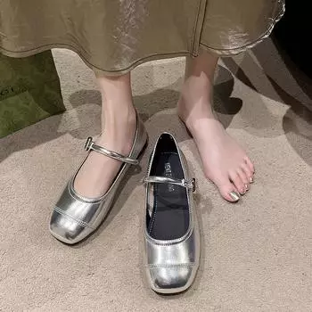 New Antumn Square Toe Ballet Shoes Fashion Low Heel Mary Jane Shoes Silver Shallow Buckle Soft Sole Shoes Zapatos De Mujer 37 чёрный
