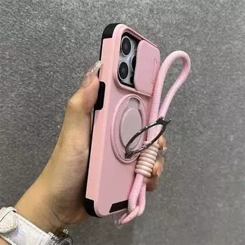 New Armor Magnetic Bracket Cases for iPhone 16 14 13 12 11 15 Pro Max Plus With Lanyard Slide Camera Protection Shockproof Cover For iPhone 16&Case & Strap