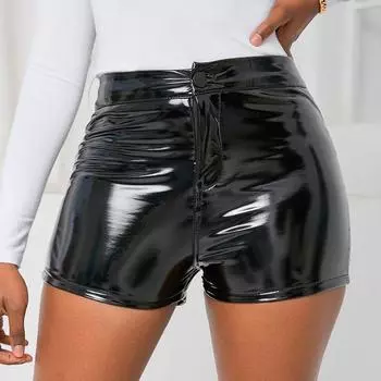 New Arrival Black Fashion High Waist Elastic Pants Street Shorts Women s Tight Casual Pants Imitation Leather Boot Pants plus Size Shorts Black S(Too big)