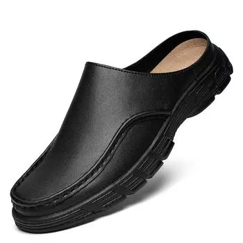 New Arrival Casual Shoes Fashion Handmade Leather Driving Slippers Mens Moccasins Slip on Half Flats Male Outdoor Muller Shoes 38 чёрный