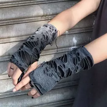 New Arrival Cool Ripped Distressed Beggar Gloves Ripped Distressed Gloves Ins Trendy Gloves Men s and Women s Arm Oversleeves Black short 20cm