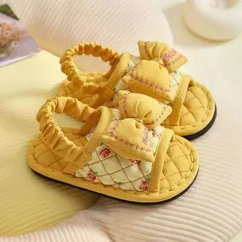 New Arrival Cute Pure Cotton Fabric Bows Handmade Toddler Shoes 1-3 Years Old Kids Indoor Non-Slip Silent Floor Slippers Yellow Inside length 15cm