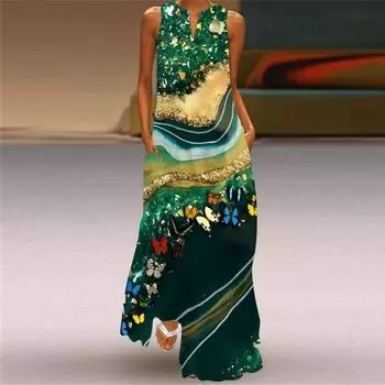 New Arrival Dress 3D Ink Painting Chinese Style Printed Skirt V Neck Sleeveless Loose plus Size Long Dress [S-5XL VLCQ-395 3XL