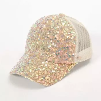 New Arrival Handmade Sequin Fashion Trending Ins Face-Looking Small Baseball Cap Summer Breathable Mesh Sun Protection Sun Hat Sequin cap beige One size