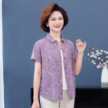 New Arrival Ladieswear Middle-Aged and Elderly Blouses Thin Tops Short Sleeve Grandma s Clothes Western Style Floral Fashionable Summer Clothing Shirt Purple 2XL