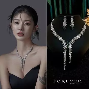 New Arrival Luxury Bridal Banquet Ornament Jewelry Zircon Inlaid Evening Dress Necklace Silver Pin Earrings Two-piece Set [Green] necklace + earrings (ear)