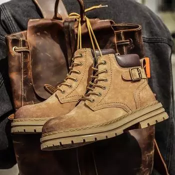 New Arrival Men s Boots Fashion Solid Color Motorcycle Ankle Boot Platform Lace-Up Shoes for Men Casual High Top Boots Sneakers 39 хаки