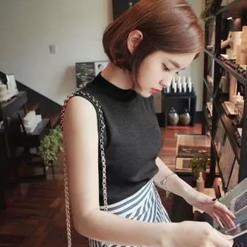 New Arrival New Summer Fashion Half Turtleneck Ice Silk T-shirt Female Silm Slim Looking Sweater Vest Blue Tops Thin Black M