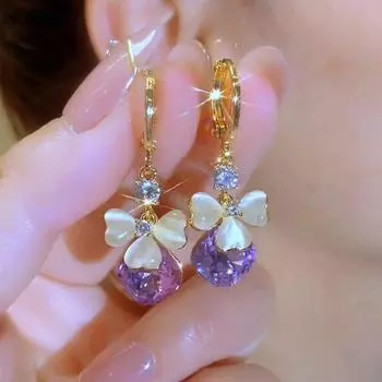 New Arrival Petal Purple Droplet Ear Clip Earrings for Women Exquisite Stylish Internet Celebrity All-Match Ear Jewelry Fashion Anti-Allergy 2188#(purple) ball ear buckle