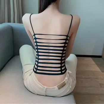 New Arrival Small Sling Stylish Sexy Hollow-out Beauty Back Outwear Ice Silk Sling Vest Bottoming Tops Women s Summer Black S