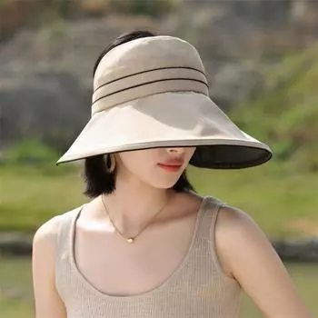 New Arrival Stripes Big Brim Black Glue Topless Hat UV Protection Sun Hat Summer Breathable Foldable Sun Hat Stripes Khakis