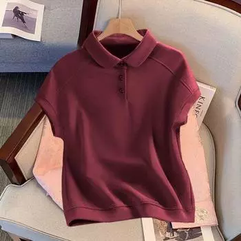 New Arrival Summer Western Style Fashion T-shirt K-style Pure Cotton Elegant Polo Collar Tops Easiest for Match Loose Western Style Women s Clothing Wine Red [pure color]] XL