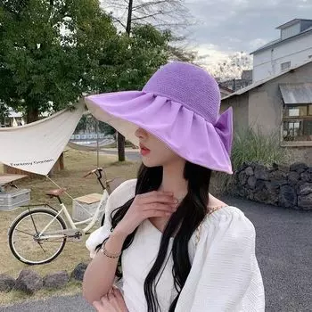 New Arrival Sun-Proof Cut Out Knitted Fisherman Hat Summer UV Protection Color Plastic Bows Storage Pocket Cap Color glue pocket cap purple