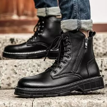 New Arrival Winter Snow Men Chelsea Black Solid Boots Male High Top Upscale Motorcycle Abiye Biker Leather Shoes 38