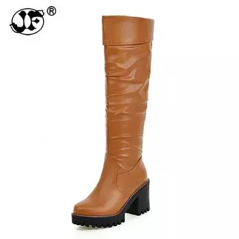 new arrivals large size 34-43 platform slip on winter shoes women knee high boots square high heels shoes woman boots dft67 3 чёрный