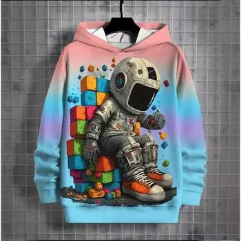 Новая мужская одежда с принтом астронавта, осенне-зимняя полосатая шапка, толстовка, повседневная толстовка с капюшоном больших размеров 2024 года, модные топы с длинными рукавами S
