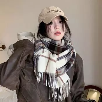 New Atmosphere Imitation Cashmere Plaid Tassel Scarf For Women In Autumn And Winter With Thickened Velvet And Warm Neck 200*65cm