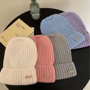 New autumn and winter alphabet casual wool hat big head circumference showing face small knitted hat ear protection warm fashion pile hat tide M56-58cm серый