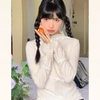 Новая осенне-зимняя блузка с длинными рукавами и круглым вырезом, футболка с базовым свитером, красивый топ, японская одежда Kawaii S белый
