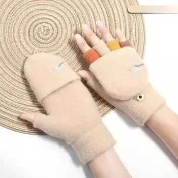New Autumn and Winter Cartoon Plush Knitted Gloves with Cover and Velvet Sable Hair To Prevent Cold and Warmth Half Finger Protection One Size