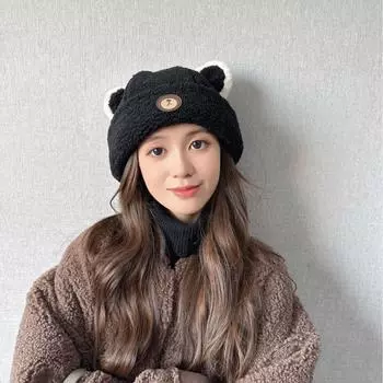 New autumn and winter cute bear hat women s knitted versatile warm ear protector thickened fashion wool bucket hat one size fits all хаки