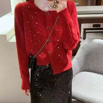 Новый осенне-зимний дизайн кардигана с круглым вырезом и инкрустацией из ромбов, небольшой свежий вязаный красный кардиган, свитер, куртка, топ one size белый