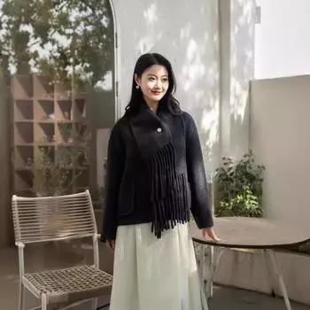 Новое осенне-зимнее двухстороннее шерстяное пальто короткое корейское пальто с маленьким шарфом шерстяное пальто S