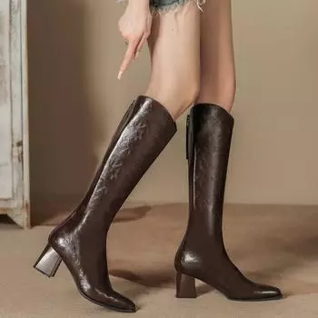New autumn and winter fashion boots women s medium heel long tube but knee boots thick heel rear zipper V-mouth boots soft leather pointed 35 чёрный
